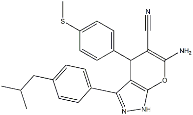 6-amino-3-(4-isobutylphenyl)-4-[4-(methylsulfanyl)phenyl]-1,4-dihydropyrano[2,3-c]pyrazole-5-carbonitrile Struktur