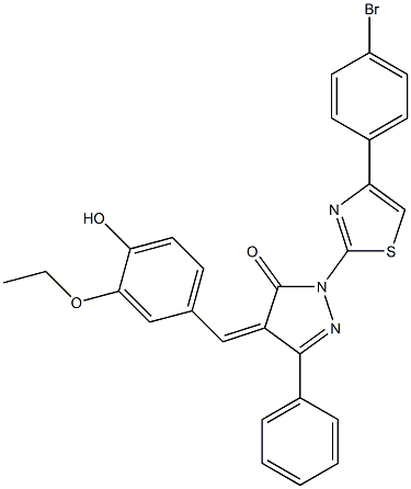 1-[4-(4-bromophenyl)-1,3-thiazol-2-yl]-4-[(Z)-(3-ethoxy-4-hydroxyphenyl)methylidene]-3-phenyl-1H-pyrazol-5-one Struktur