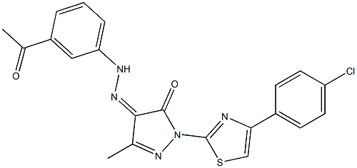 1-[4-(4-chlorophenyl)-1,3-thiazol-2-yl]-3-methyl-1H-pyrazole-4,5-dione 4-[N-(3-acetylphenyl)hydrazone] Struktur