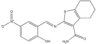 2-{[(E)-(2-hydroxy-5-nitrophenyl)methylidene]amino}-4,5,6,7-tetrahydro-1-benzothiophene-3-carboxamide Struktur