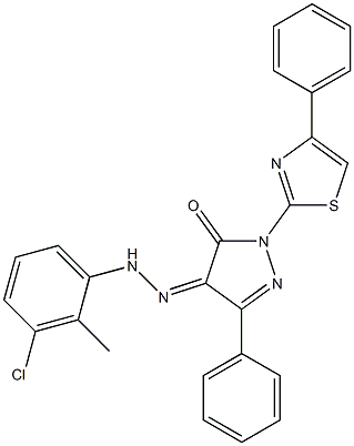 3-phenyl-1-(4-phenyl-1,3-thiazol-2-yl)-1H-pyrazole-4,5-dione 4-[N-(3-chloro-2-methylphenyl)hydrazone] Struktur