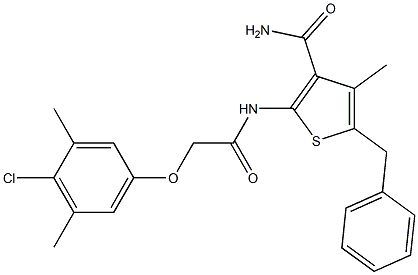 5-benzyl-2-{[2-(4-chloro-3,5-dimethylphenoxy)acetyl]amino}-4-methyl-3-thiophenecarboxamide Struktur