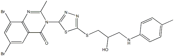 6,8-Dibromo-2-methyl-3-[5-[[3-(4-methylanilino)-2-hydroxypropyl]thio]-1,3,4-thiadiazol-2-yl]quinazolin-4(3H)-one Struktur