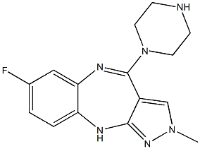 2-Methyl-4-(piperazin-1-yl)-7-fluoro-2,10-dihydropyrazolo[3,4-b][1,5]benzodiazepine Struktur