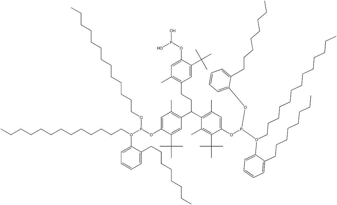 [3-Methyl-1,1,3-propanetriyltris(2-tert-butyl-5-methyl-4,1-phenyleneoxy)]tris(phosphonous acid)O,O',O''-tritridecyl O,O',O''-tris(2-octylphenyl) ester Struktur