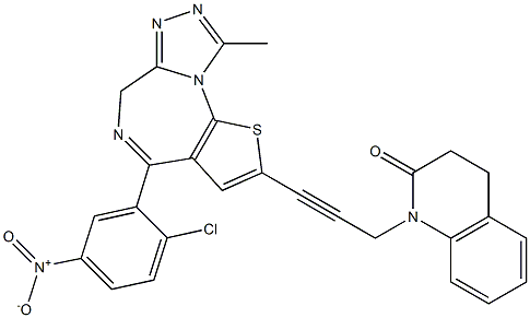 4-(2-Chloro-5-nitrophenyl)-9-methyl-2-[3-[(1,2,3,4-tetrahydro-2-oxoquinolin)-1-yl]-1-propynyl]-6H-thieno[3,2-f][1,2,4]triazolo[4,3-a][1,4]diazepine Struktur