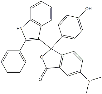 6-(Dimethylamino)-3-(4-hydroxyphenyl)-3-(2-phenyl-1H-indol-3-yl)isobenzofuran-1(3H)-one Struktur