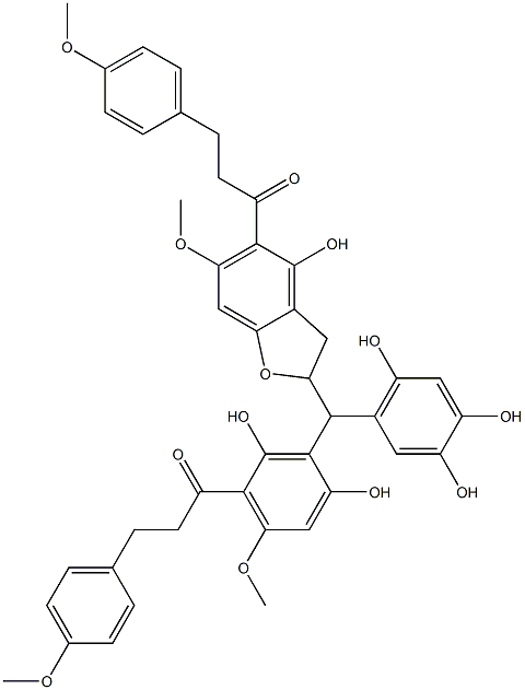 3-(4-Methoxyphenyl)-1-[2,4-dihydroxy-6-methoxy-3-[(3,4,6-trihydroxyphenyl)[[2,3-dihydro-4-hydroxy-6-methoxy-5-[1-oxo-3-(4-methoxyphenyl)propyl]benzofuran]-2-yl]methyl]phenyl]-1-propanone Struktur