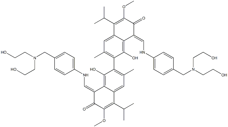 1,1'-Dihydroxy-3,3'-dimethyl-5,5'-diisopropyl-6,6'-dimethoxy-8,8'-bis[[4-[bis(2-hydroxyethyl)aminomethyl]phenylamino]methylene][2,2'-binaphthalene]-7,7'(8H,8'H)-dione Struktur