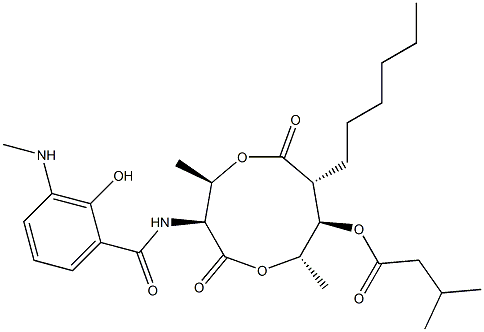 3-Methylbutanoic acid (3S,4R,7R,8R,9S)-3-[(3-methylamino-2-hydroxybenzoyl)amino]-4,9-dimethyl-2,6-dioxo-7-hexyl-1,5-dioxonan-8-yl ester Struktur