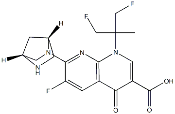 6-Fluoro-1-(2-fluoro-1-fluoromethyl-1-methylethyl)-7-[(1R,4R)-2,5-diazabicyclo[2.2.1]heptan-2-yl]-1,4-dihydro-4-oxo-1,8-naphthyridine-3-carboxylic acid Struktur