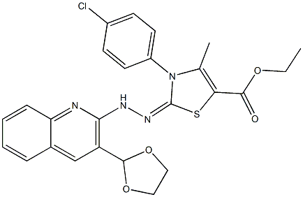 2-[2-[3-(1,3-Dioxolane-2-yl)quinoline-2-yl]hydrazono]-3-(4-chlorophenyl)-2,3-dihydro-4-methylthiazole-5-carboxylic acid ethyl ester Struktur