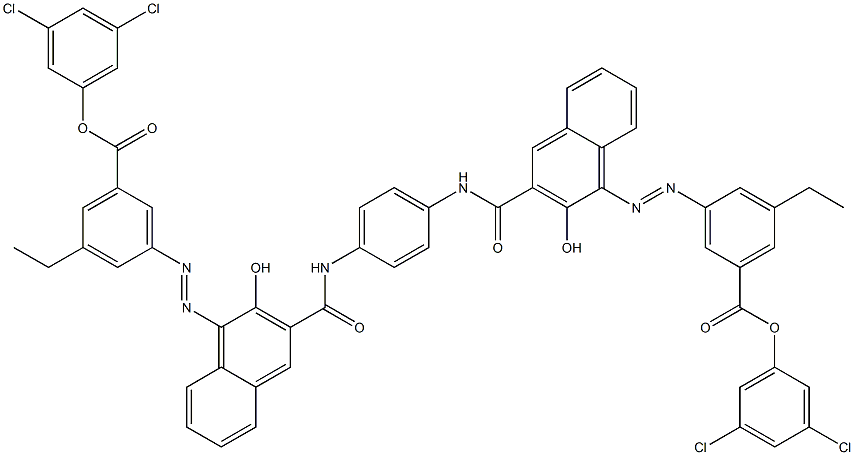 1,4-Bis[1-[[3-ethyl-5-(3,5-dichlorophenoxycarbonyl)phenyl]azo]-2-hydroxy-3-naphthoylamino]benzene Struktur