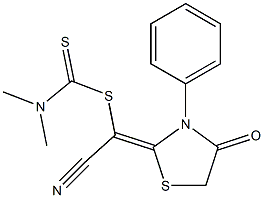 Dimethyldithiocarbamic acid [cyano(4-oxo-3-phenylthiazolidin-2-ylidene)methyl] ester Struktur