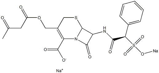 8-Oxo-3-(3-oxobutyryloxymethyl)-7-[[(2R)-2-phenyl-2-(sodiooxysulfonyl)acetyl]amino]-5-thia-1-azabicyclo[4.2.0]oct-2-ene-2-carboxylic acid sodium salt Struktur