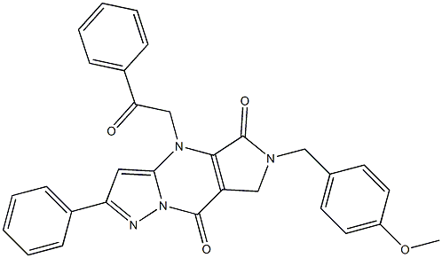 6,7-Dihydro-6-(4-methoxybenzyl)-4-(2-oxo-2-phenylethyl)-2-phenyl-4H-1,4,6,8a-tetraaza-s-indacene-5,8-dione Struktur