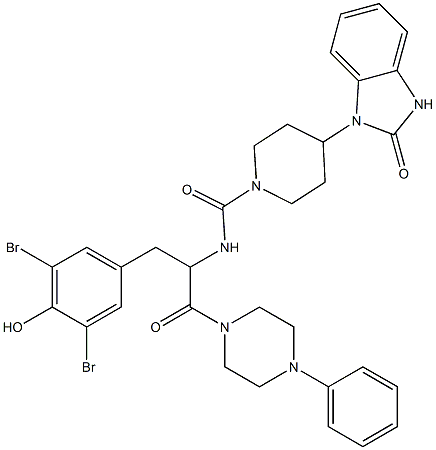 4-(2-oxo-2,3-dihydrobenzimidazol-1-yl)piperidine-1-carboxylic acid (1-(3,5-dibromo-4-hydroxybenzyl)-2-oxo-2-(4-phenylpiperazin-1-yl)ethyl)amide Struktur