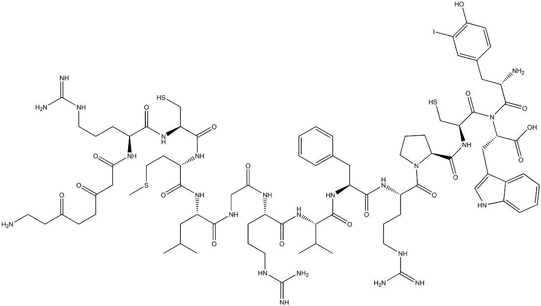 3-iodotyrosyl-8-amino-3,6-dioxyoctanoyl-arginyl-cysteinyl-methionyl-leucyl-glycyl-arginyl-valyl-phenylalanyl-arginyl-prolyl-cysteinyltryptophan Struktur