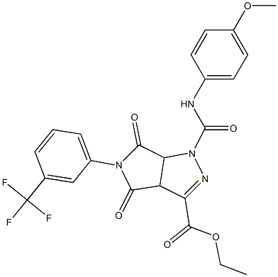 ethyl 1-[(4-methoxyanilino)carbonyl]-4,6-dioxo-5-[3-(trifluoromethyl)phenyl]-1,3a,4,5,6,6a-hexahydropyrrolo[3,4-c]pyrazole-3-carboxylate Struktur