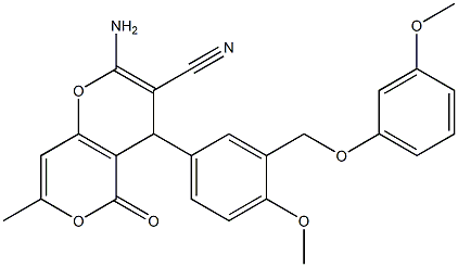 2-amino-4-{4-methoxy-3-[(3-methoxyphenoxy)methyl]phenyl}-7-methyl-5-oxo-4H,5H-pyrano[4,3-b]pyran-3-carbonitrile Struktur