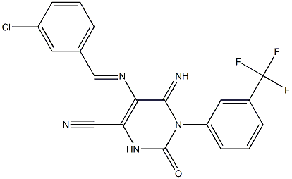 5-{[(E)-(3-chlorophenyl)methylidene]amino}-6-imino-2-oxo-1-[3-(trifluoromethyl)phenyl]-1,2,3,6-tetrahydro-4-pyrimidinecarbonitrile Struktur