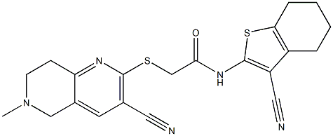 2-[(3-cyano-6-methyl-5,6,7,8-tetrahydro[1,6]naphthyridin-2-yl)sulfanyl]-N-(3-cyano-4,5,6,7-tetrahydro-1-benzothiophen-2-yl)acetamide Struktur