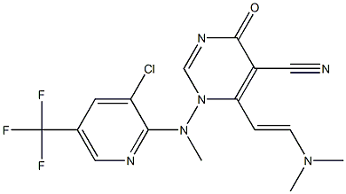 1-[[3-chloro-5-(trifluoromethyl)-2-pyridinyl](methyl)amino]-6-[2-(dimethylamino)vinyl]-4-oxo-1,4-dihydro-5-pyrimidinecarbonitrile Struktur