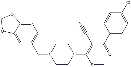 (Z)-3-[4-(1,3-benzodioxol-5-ylmethyl)piperazino]-2-(4-chlorobenzoyl)-3-(methylsulfanyl)-2-propenenitrile Struktur