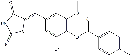 2-bromo-6-methoxy-4-[(4-oxo-2-thioxo-1,3-thiazolidin-5-ylidene)methyl]phenyl 4-methylbenzoate Struktur