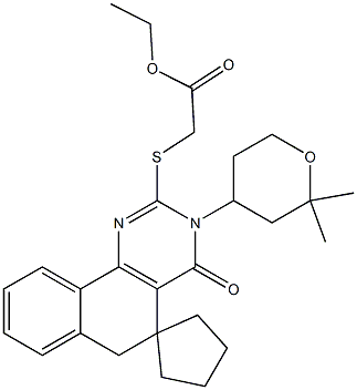 ethyl {[3-(2,2-dimethyltetrahydro-2H-pyran-4-yl)-4-oxo-3,4,5,6-tetrahydrospiro(benzo[h]quinazoline-5,1'-cyclopentane)-2-yl]sulfanyl}acetate Struktur