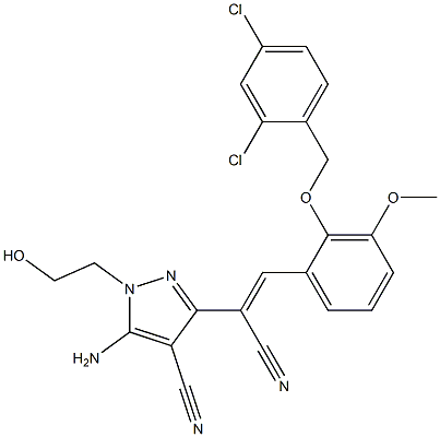 5-amino-3-(1-cyano-2-{2-[(2,4-dichlorobenzyl)oxy]-3-methoxyphenyl}vinyl)-1-(2-hydroxyethyl)-1H-pyrazole-4-carbonitrile Struktur