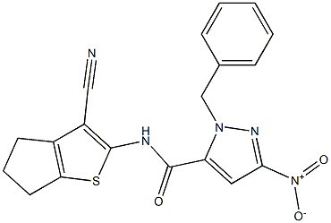 1-benzyl-N-(3-cyano-5,6-dihydro-4H-cyclopenta[b]thien-2-yl)-3-nitro-1H-pyrazole-5-carboxamide Struktur