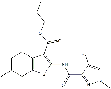 propyl 2-{[(4-chloro-1-methyl-1H-pyrazol-3-yl)carbonyl]amino}-6-methyl-4,5,6,7-tetrahydro-1-benzothiophene-3-carboxylate Struktur