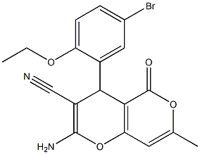 2-amino-4-(5-bromo-2-ethoxyphenyl)-7-methyl-5-oxo-4H,5H-pyrano[4,3-b]pyran-3-carbonitrile Struktur