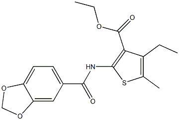 ethyl 2-[(1,3-benzodioxol-5-ylcarbonyl)amino]-4-ethyl-5-methyl-3-thiophenecarboxylate Struktur