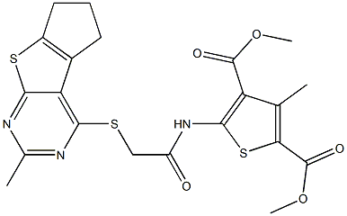 dimethyl 3-methyl-5-({[(2-methyl-6,7-dihydro-5H-cyclopenta[4,5]thieno[2,3-d]pyrimidin-4-yl)sulfanyl]acetyl}amino)-2,4-thiophenedicarboxylate Struktur