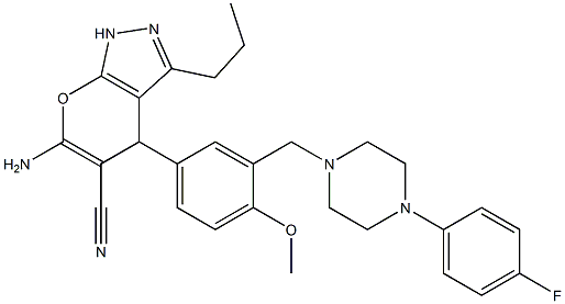 6-amino-4-(3-{[4-(4-fluorophenyl)piperazin-1-yl]methyl}-4-methoxyphenyl)-3-propyl-1,4-dihydropyrano[2,3-c]pyrazole-5-carbonitrile Struktur