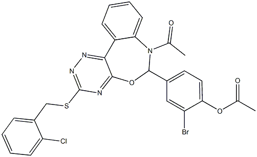 4-{7-acetyl-3-[(2-chlorobenzyl)sulfanyl]-6,7-dihydro[1,2,4]triazino[5,6-d][3,1]benzoxazepin-6-yl}-2-bromophenyl acetate Struktur