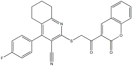 4-(4-fluorophenyl)-2-{[2-oxo-2-(2-oxo-2H-chromen-3-yl)ethyl]sulfanyl}-5,6,7,8-tetrahydro-3-quinolinecarbonitrile Struktur