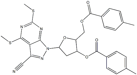 5-[3-cyano-4,6-bis(methylsulfanyl)-1H-pyrazolo[3,4-d]pyrimidin-1-yl]-2-{[(4-methylbenzoyl)oxy]methyl}tetrahydro-3-furanyl 4-methylbenzoate Struktur