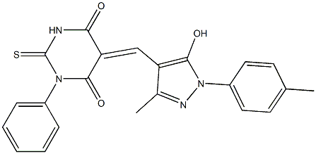 5-{[5-hydroxy-3-methyl-1-(4-methylphenyl)-1H-pyrazol-4-yl]methylene}-1-phenyl-2-thioxodihydro-4,6(1H,5H)-pyrimidinedione Struktur