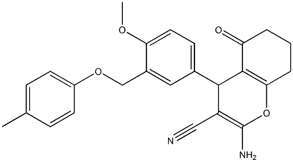 2-amino-4-{4-methoxy-3-[(4-methylphenoxy)methyl]phenyl}-5-oxo-5,6,7,8-tetrahydro-4H-chromene-3-carbonitrile Struktur