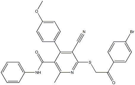 6-{[2-(4-bromophenyl)-2-oxoethyl]sulfanyl}-5-cyano-4-(4-methoxyphenyl)-2-methyl-N-phenylnicotinamide Struktur