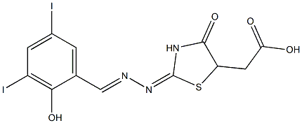 {2-[(2-hydroxy-3,5-diiodobenzylidene)hydrazono]-4-oxo-1,3-thiazolidin-5-yl}acetic acid Struktur