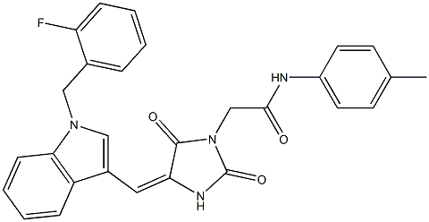 2-(4-{[1-(2-fluorobenzyl)-1H-indol-3-yl]methylene}-2,5-dioxoimidazolidin-1-yl)-N-(4-methylphenyl)acetamide Struktur