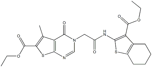 ethyl 3-(2-{[3-(ethoxycarbonyl)-4,5,6,7-tetrahydro-1-benzothien-2-yl]amino}-2-oxoethyl)-5-methyl-4-oxo-3,4-dihydrothieno[2,3-d]pyrimidine-6-carboxylate Struktur