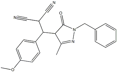 2-[(1-benzyl-3-methyl-5-oxo-4,5-dihydro-1H-pyrazol-4-yl)(4-methoxyphenyl)methyl]malononitrile Struktur