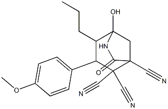 5-hydroxy-3-[4-(methyloxy)phenyl]-7-oxo-4-propyl-6-azabicyclo[3.2.1]octane-1,2,2-tricarbonitrile Struktur