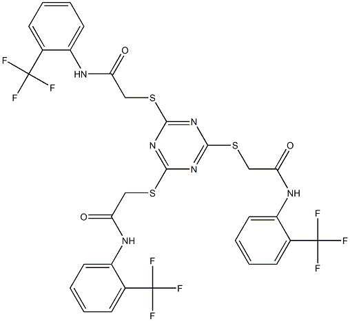 2-{[4,6-bis({2-oxo-2-[2-(trifluoromethyl)anilino]ethyl}sulfanyl)-1,3,5-triazin-2-yl]sulfanyl}-N-[2-(trifluoromethyl)phenyl]acetamide Struktur