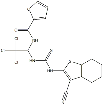 N-[2,2,2-trichloro-1-({[(3-cyano-4,5,6,7-tetrahydro-1-benzothien-2-yl)amino]carbothioyl}amino)ethyl]-2-furamide Struktur